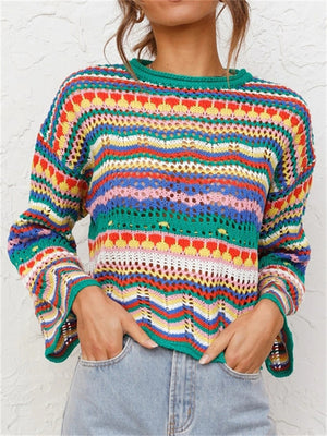 Stylish Stitching Knitted Loose Multicolor Round Neck Striped Sweater