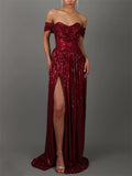Sexy Ladies Gorgeous Sequins Off Shoulder Backless Evening Dress