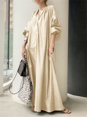 Lady Cotton Linen Lapel Solid Glossy Trending Leisure Long Dresses