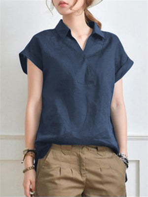 Summer Elegant V-neck Short Sleeve Office Cotton Blouses for Lady