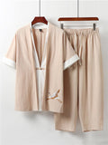 Comfy Embroidery Linen 2-Piece Contrast Color Shirt + Drawstring Full-Length Pants