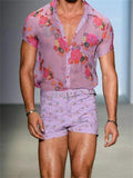 Mens Sexy Floral Print Lapel Button See-Through Shirt