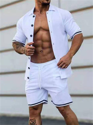 Men's Street Snap Lapel Button Short Sleeve Shirt + Drawstring Shorts