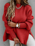 Fashion High Neck Lantern Sleeve Side Slit Ribbed Knit Sweater