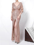 Elegant Sexy Deep-V Design Solid Color Split Decorated Sequins Evening Dresses