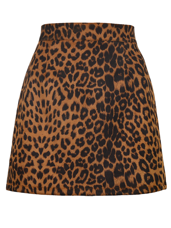 Sexy Sweeter Leopard Print Zipper Solid Color Skirt With Split Hem