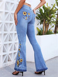 Women's Casual Style Sunflower Embroidery Bell Bottom Comfortable Denim Jeans
