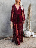 Women's V-Neck Solid Color Long Sleeve Lace Dress