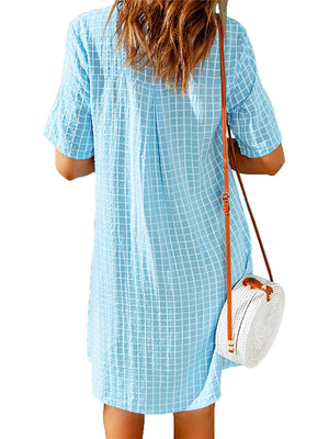 Solid Color Lapel Plaid Short Sleeve Dresses