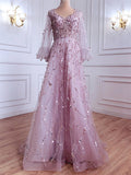 Elegant Luxury Shiny Beads Lantern Sleeve Evening Dress for Ladies
