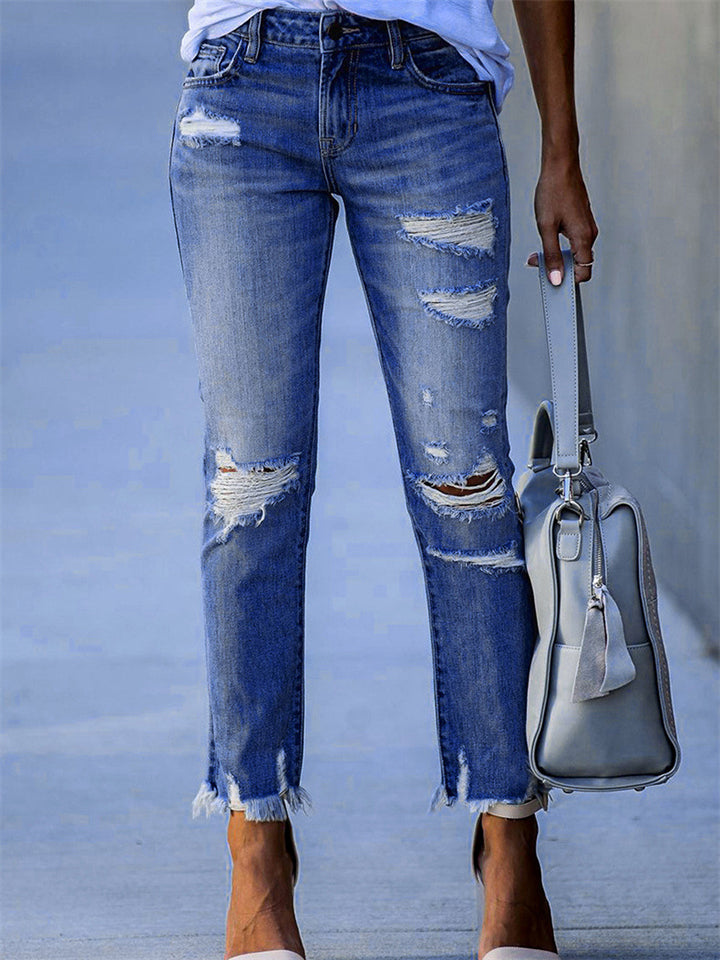 Women's Casual Cozy Elastic Denim Ripped Jeans