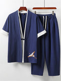 Comfy Embroidery Linen 2-Piece Contrast Color Shirt + Drawstring Full-Length Pants