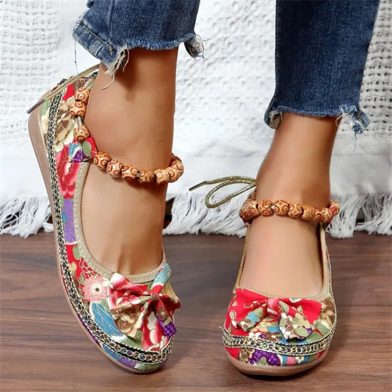 Ladies Ethnic Style Embroidered Ankle Strap Loafers