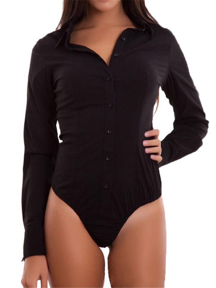 Stylish Lapel Collar Long Sleeve Solid Color Button Up Shirt Bodysuit