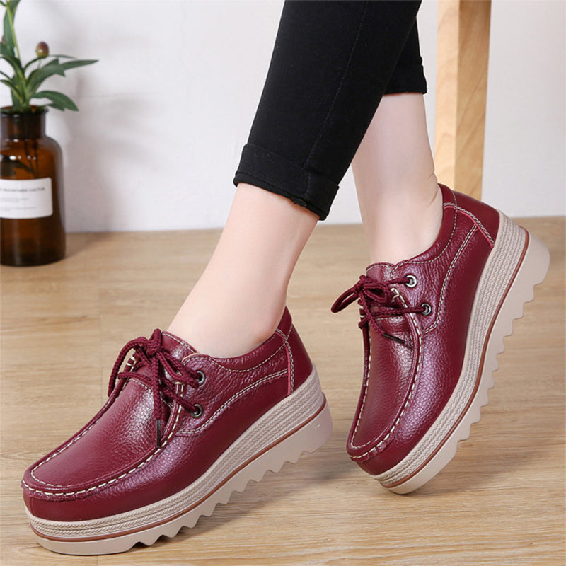 Fashion Lace Up Breathable Women Leather Loafers
