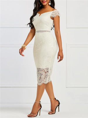 Gorgeous Scoop Neck Notched Detailing Short Sleeve Fitted Silhouette Floral Lace Bodycon Dress