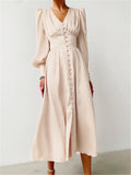 V-Neck Single Breasted High Waist Long Dress