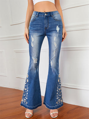 Women's Washed Effect Floral Embroidery Bell Bottoms Jeans for Summer Autumn
