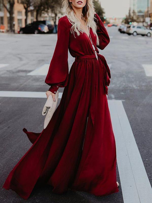 V-neck Long Sleeves Belted Maxi Dress