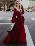 V-neck Long Sleeves Belted Maxi Dress
