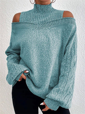 Unique Bold Off Shoulder Half High Collar Women's Sweaters