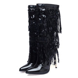 Pointed Toe Fashion Fringe Sequined Mid-Calf Boots