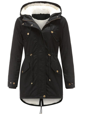 Women's Solid Color Hooded Collar Zipper Warm Coats