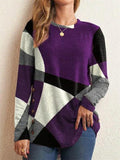 Geometric Contrast Color Long Sleeve Side Button Female T-shirts