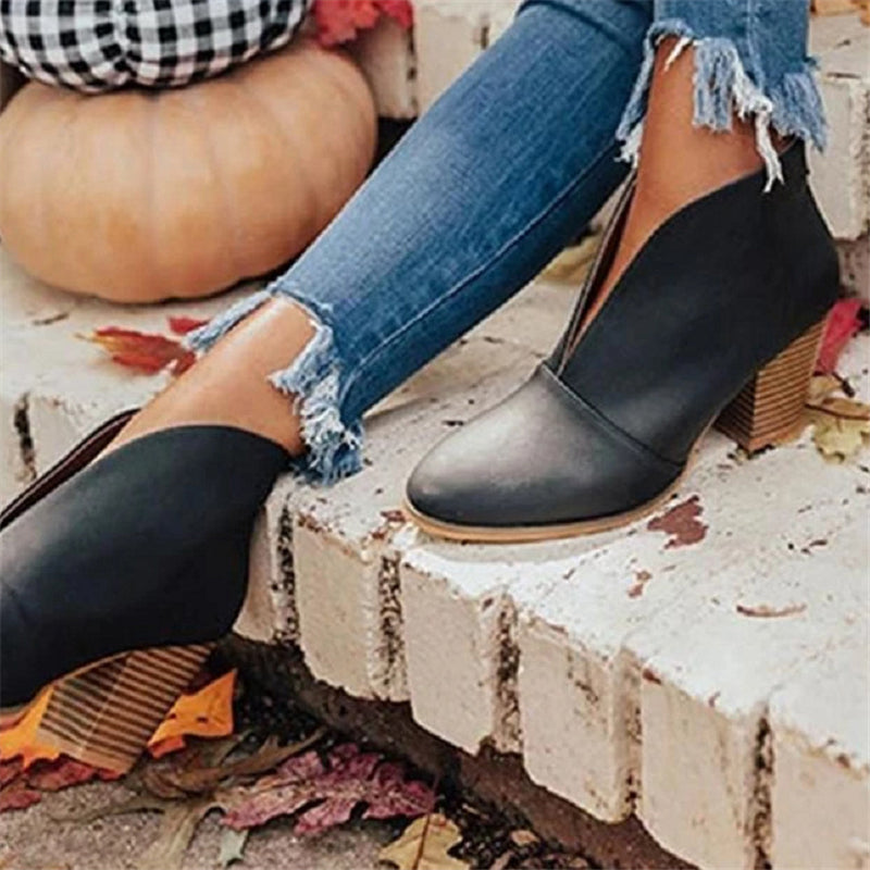 Retro Style Front Slit Design Chunky Heel Pointed Toe Slip-On Booties