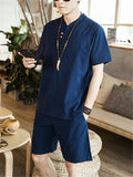 Lightweight Linen Two-Piece Outfit Wrap Neck T-Shirt + Elastic Waistband Knee-Length Pants