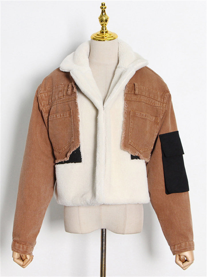 Personalized Splicing Denim Fleece Short Lady Casual Coats