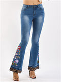 Women's Floral Embroidery Bell Bottom Denim Pants