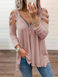 Casual Style V Neck Front Zipper Shoulder Cutout Pullover Tops