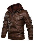 Men's Fashion Zip Up Hooded PU Leather Jacket Outerwear