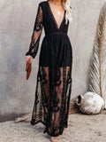 Women's V-Neck Solid Color Long Sleeve Lace Dress