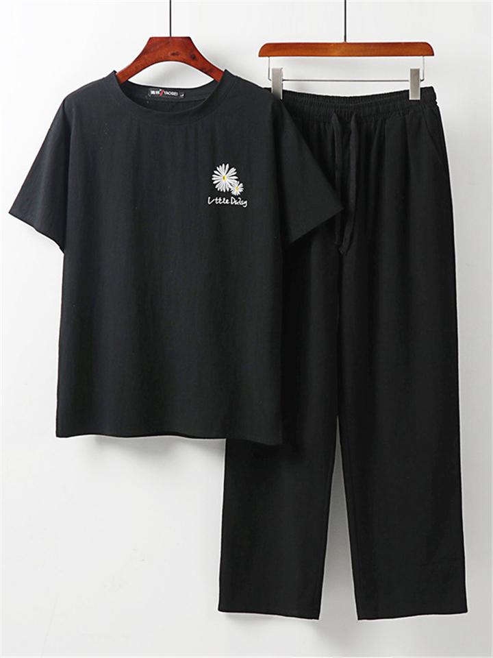 Loose Fit Linen 2-Piece Daisy Embroidered T-Shirt + Drawstring Full-Length Pants