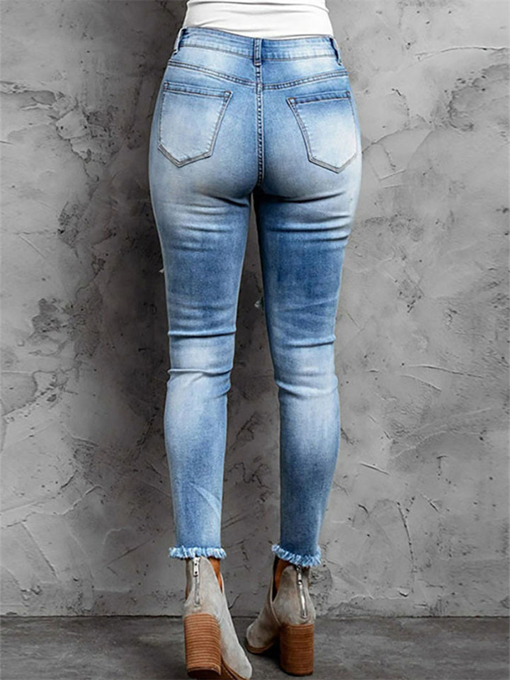 Ladies Stretch Straight Leg Mid Rise Holes Denim Jeans