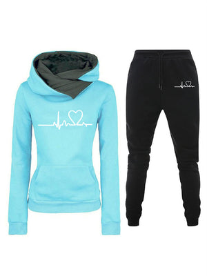 Women's Fashion Comfy Sportswear Heart Rate Print Hooded Outfit Sets