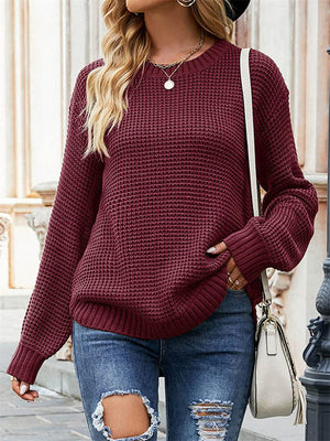 Womens Winter Round Neck Long Sleeve Waffle Knit Cozy Sweaters