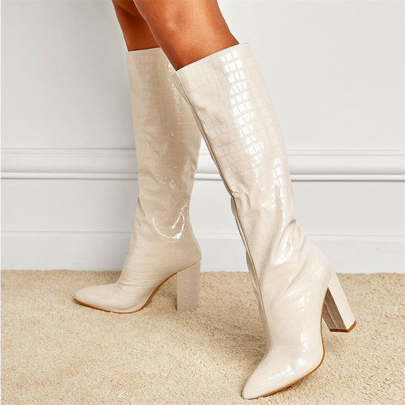 Elegant Lady Pointed Toe Chunky Heels Long Boots for Fashion Show
