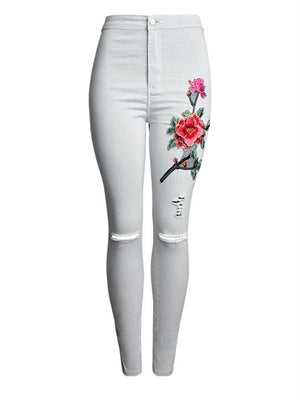 Vintage Style Red Floral Embroidery Grey Slim Fit Denim Jeans for Women