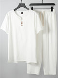 Laid-Back Style Notched Neck Button Detailing Soft Cotton Set T-Shirt + Drawstring Pants