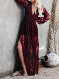 Women's V-Neck Solid Color Long Sleeve Lace Dress