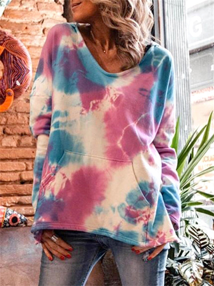 Female Fashion Round Neck Pullover Tie-Dye Hoodies with Front Pocket