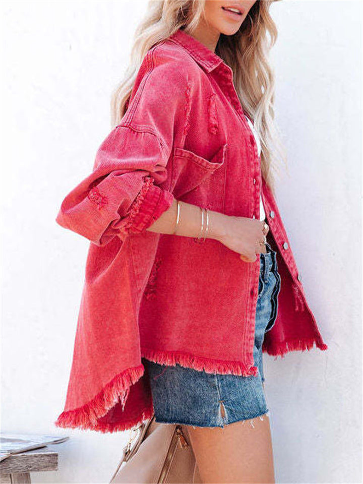 Women's Trendy Lapel Raw Edge Long Sleeve Denim Jacket