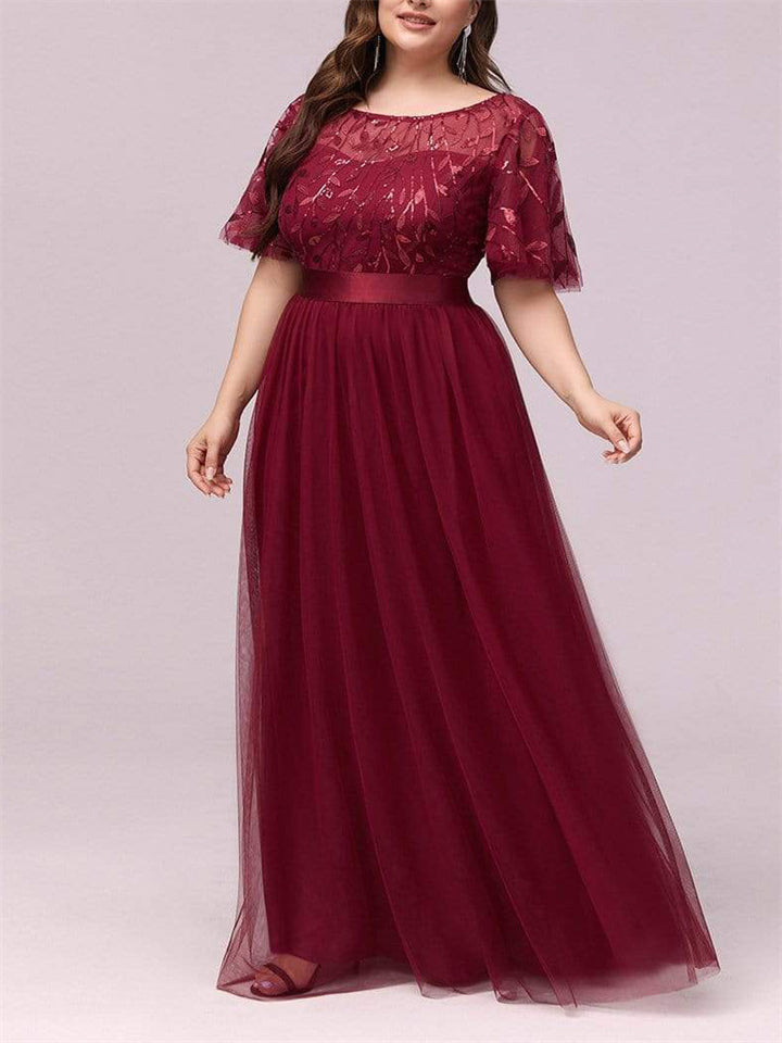New Elegant Sweet Style Plus Size Embroidery Short Sleeve Evening Dresses