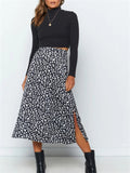 Stylish Elegant Leopard Printed High Waist Zipper Slit Hem Skirts