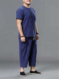 Loose Fit Linen 2-Piece Round Neck Button T-Shirt + Drawstring Cropped Pants