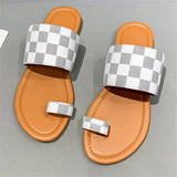 Trendy Plaid Toe Ring Flat Female Slippers in Summer