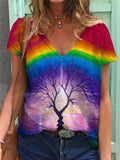 Loose Fit Multicolor Printed V Neck Pullover Short Sleeve T-Shirt